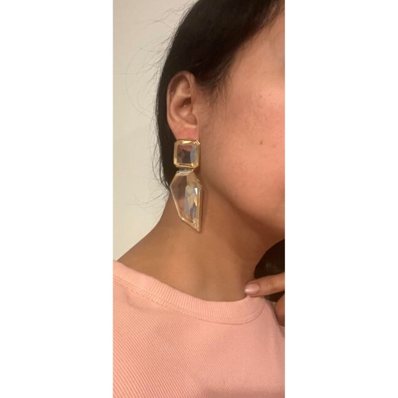 Large Gold clear earring chunky white acrylic crystal bold 3.75” - Picture 8 of 9